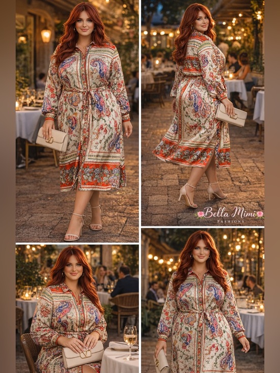 NWT Cream Paisley Print Button-Front Shirt Dress with tie belt 🌺🌹🌸  BB - Picture 2 of 9